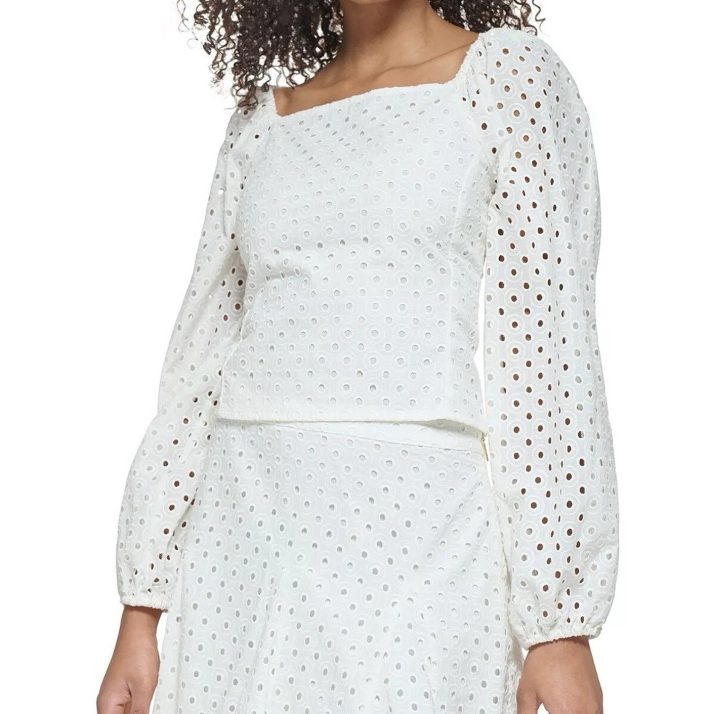 Karl Lagerfeld Women's XL Eyelet Puff Sleeve Top White L3CAF564 Boho Smocked